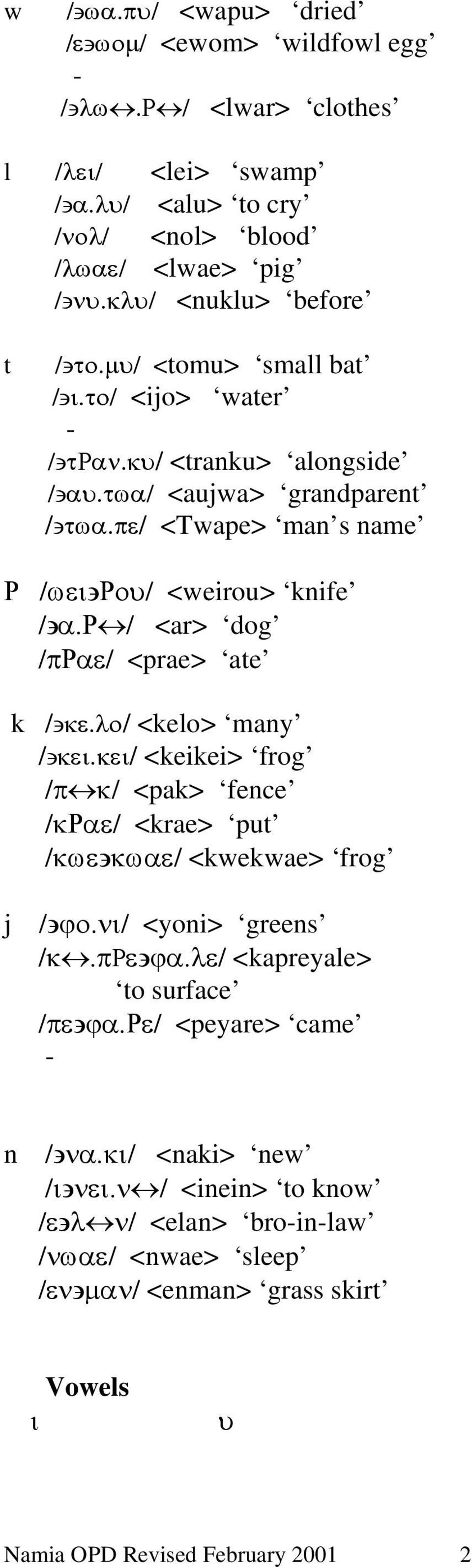 ρ / <ar> dog /πραε/ <prae> ate k / κε.λο/ <kelo> many / κει.κει/ <keikei> frog /π κ/ <pak> fence /κραε/ <krae> put /κωε κωαε/ <kwekwae> frog j / ϕο.νι/ <yoni> greens /κ.πρε ϕα.