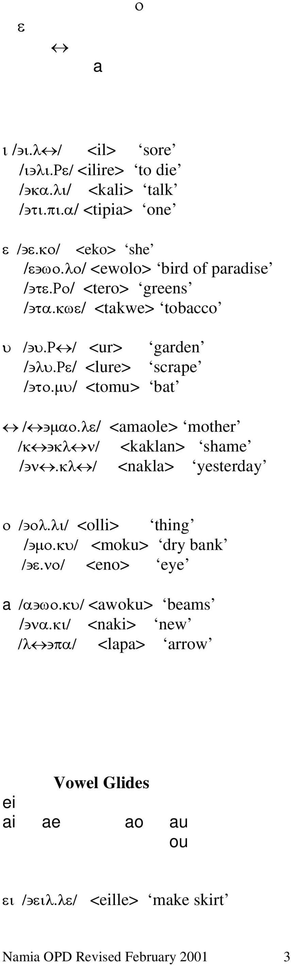 µυ/ <tomu> bat / µαο.λε/ <amaole> mother /κ κλ ν/ <kaklan> shame / ν.κλ / <nakla> yesterday ο / ολ.λι/ <olli> thing / µο.