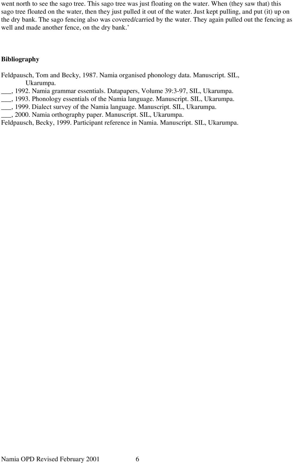 Bibliography Feldpausch, Tom and Becky, 1987. Namia organised phonology data. Manuscript. SIL, Ukarumpa., 1992. Namia grammar essentials. Datapapers, Volume 39:3-97, SIL, Ukarumpa., 1993.