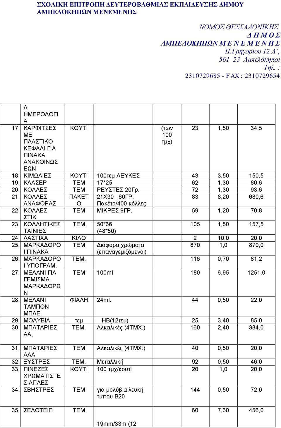 ΚΟΛΛΗΤΙΚΕΣ ΤΕΜ 50*66 105 1,50 157,5 ΤΙΝΙΕΣ (48*50) 24. ΛΣΤΙΧ ΚΙΛΟ 2 10,0 20,0 25. ΜΡΚΔΟΡΟ ΤΕΜ Διάφορα χρώματα 870 1,0 870,0 Ι ΠΙΝΚ (επαναγεμιζόμενοι) 26. ΜΡΚΔΟΡΟ ΤΕΜ. 116 0,70 81,2 Ι ΥΠΟΓΡΜ. 27.