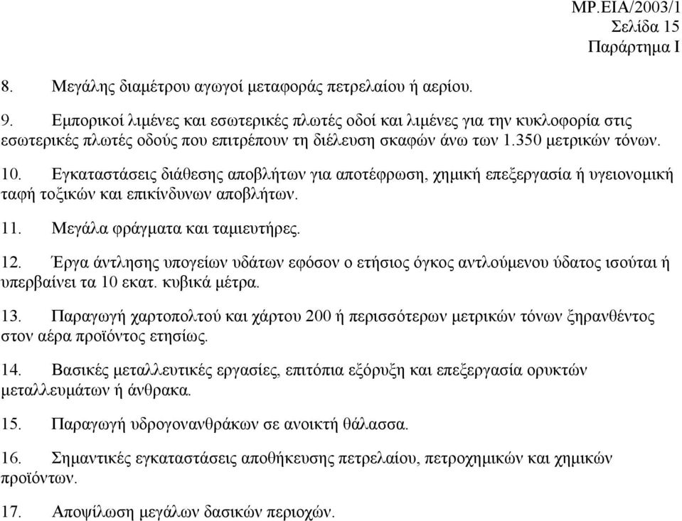 Εγκαταστάσεις διάθεσης αποβλήτων για αποτέφρωση, χηµική επεξεργασία ή υγειονοµική ταφή τοξικών και επικίνδυνων αποβλήτων. 11. Μεγάλα φράγµατα και ταµιευτήρες. 12.