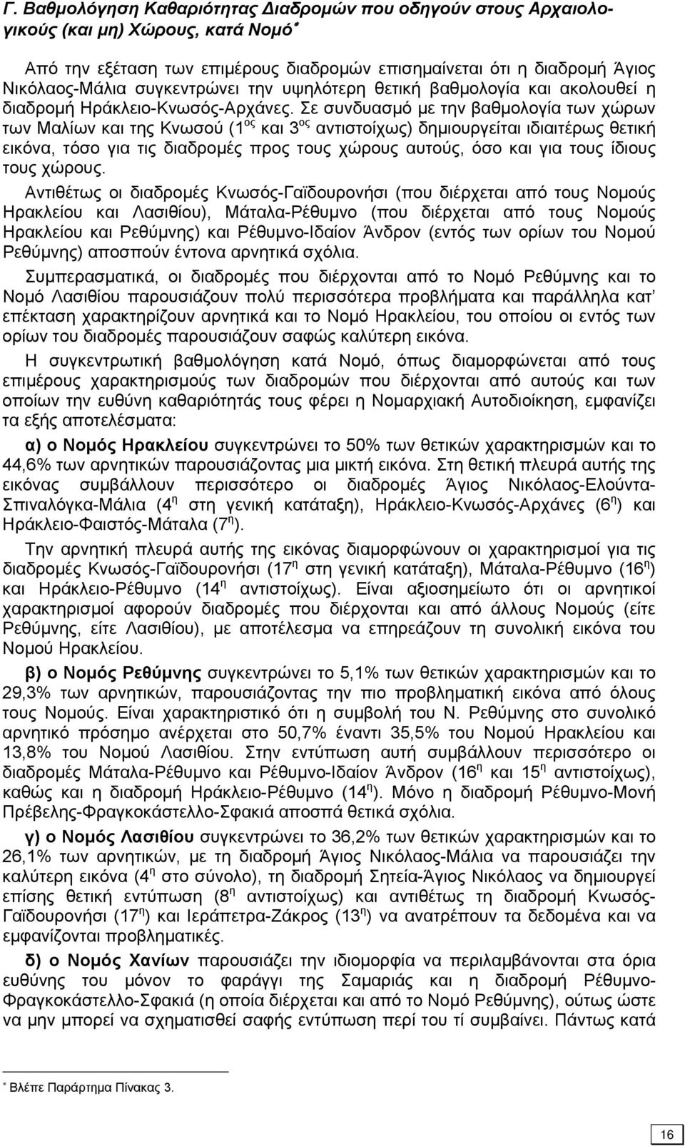 Σε συνδυασμό με την βαθμολογία των χώρων των Μαλίων και της Κνωσού (1 ος και 3 ος αντιστοίχως) δημιουργείται ιδιαιτέρως θετική εικόνα, τόσο για τις διαδρομές προς τους χώρους αυτούς, όσο και για τους