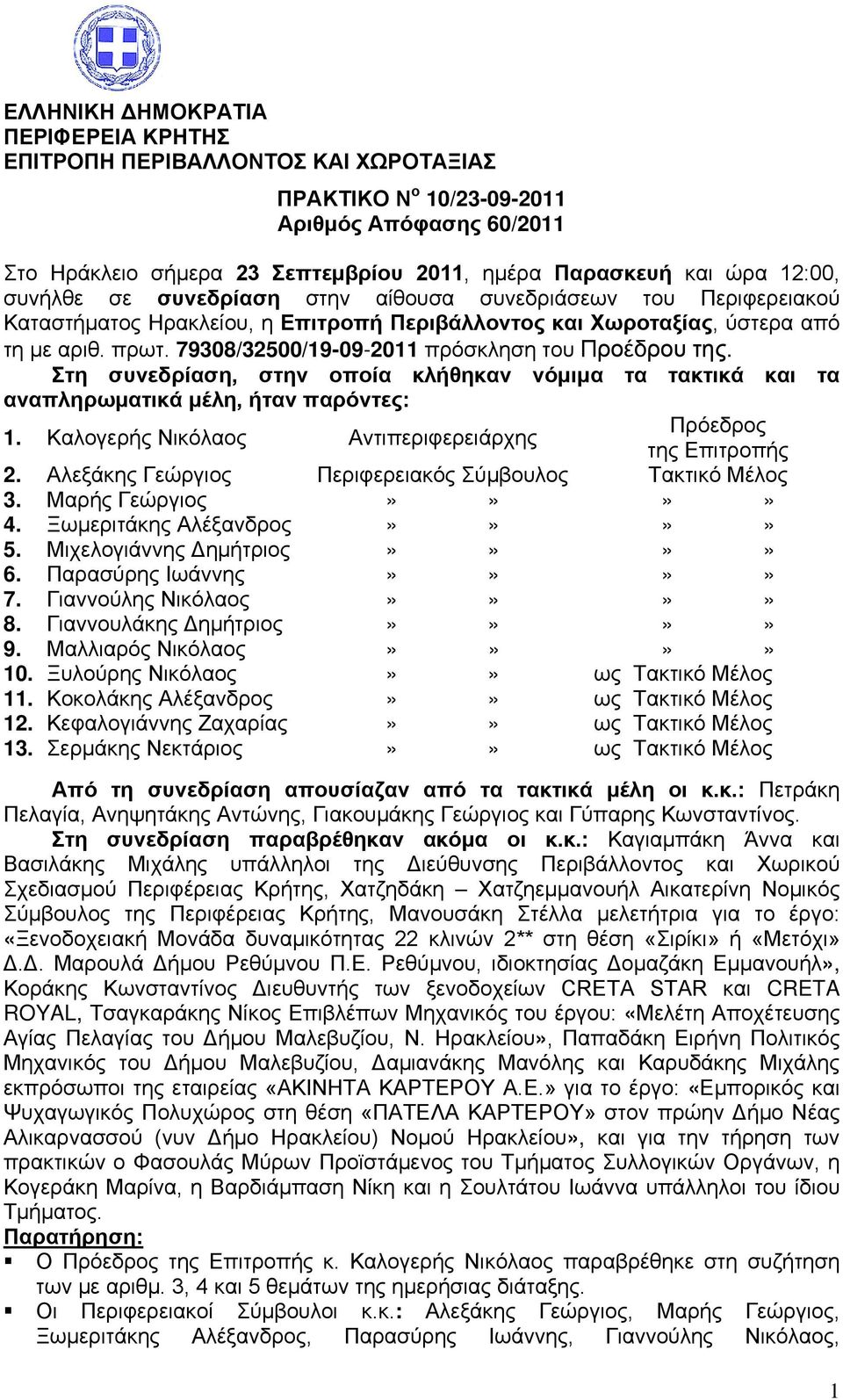 79308/32500/19-09-2011 πρόσκληση του Προέδρου της. Στη συνεδρίαση, στην οποία κλήθηκαν νόμιμα τα τακτικά και τα αναπληρωματικά μέλη, ήταν παρόντες: 1.