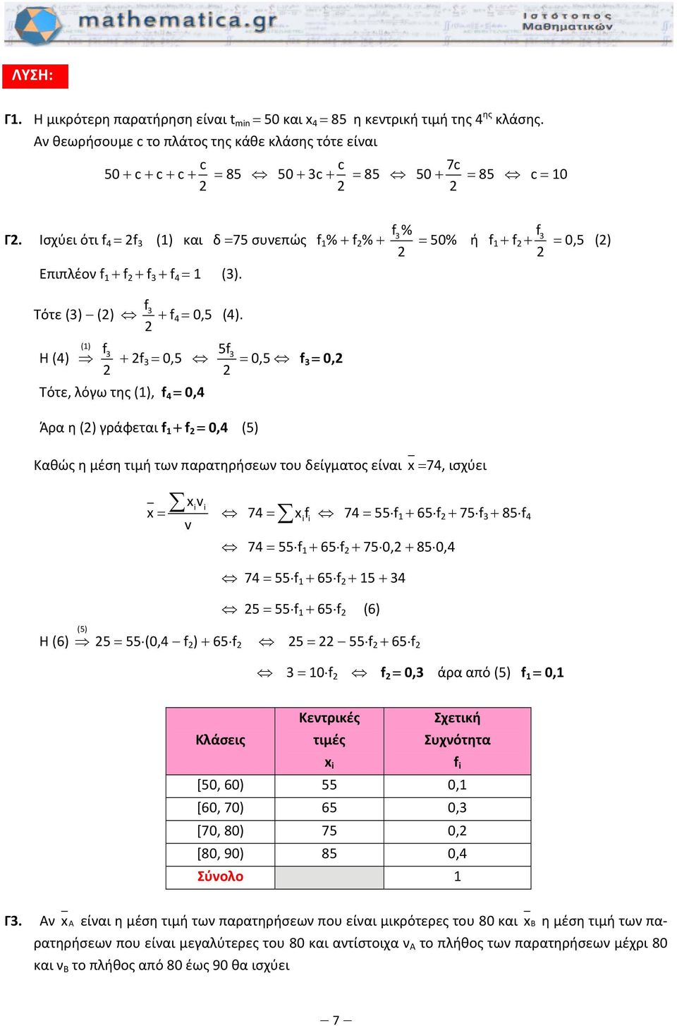 Η () () f + f 5f 0,5 0,5 f 0, Τότε, λόγω της (), f 0, Άρα η () γράφεται f + f 0, (5) Καθώς η μέση τιμή των παρατηρήσεων του δείγματος είναι 7, ισχύει i i v 7 f ii 7 55 f + 65 f + 75 f + 85 f v 7 55 f