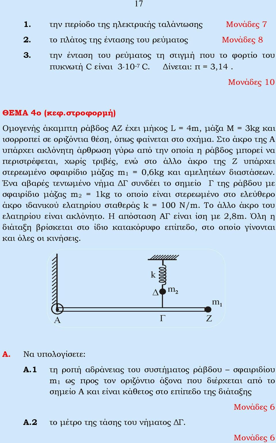 Στο άκρο της Α υπάρχει ακλόνητη άρθρωση γύρω από την οποία η ράβδος μπορεί να περιστρέφεται, χωρίς τριβές, ενώ στο άλλο άκρο της Ζ υπάρχει στερεωμένο σφαιρίδιο μάζας m 1 = 0,6kg και αμελητέων