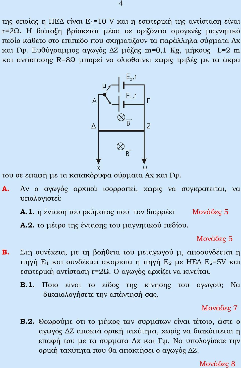 Ευθύγραμμος αγωγός ΔΖ μάζας m=0,1 Kg, μήκους L= m και αντίστασης R=8Ω μπορεί να ολισθαίνει χωρίς τριβές με τα άκρα A μ E,r E,r 1 Γ Δ B Ζ B του σε επαφή με τα κατακόρυφα σύρματα Αx και Γψ. χ Α.