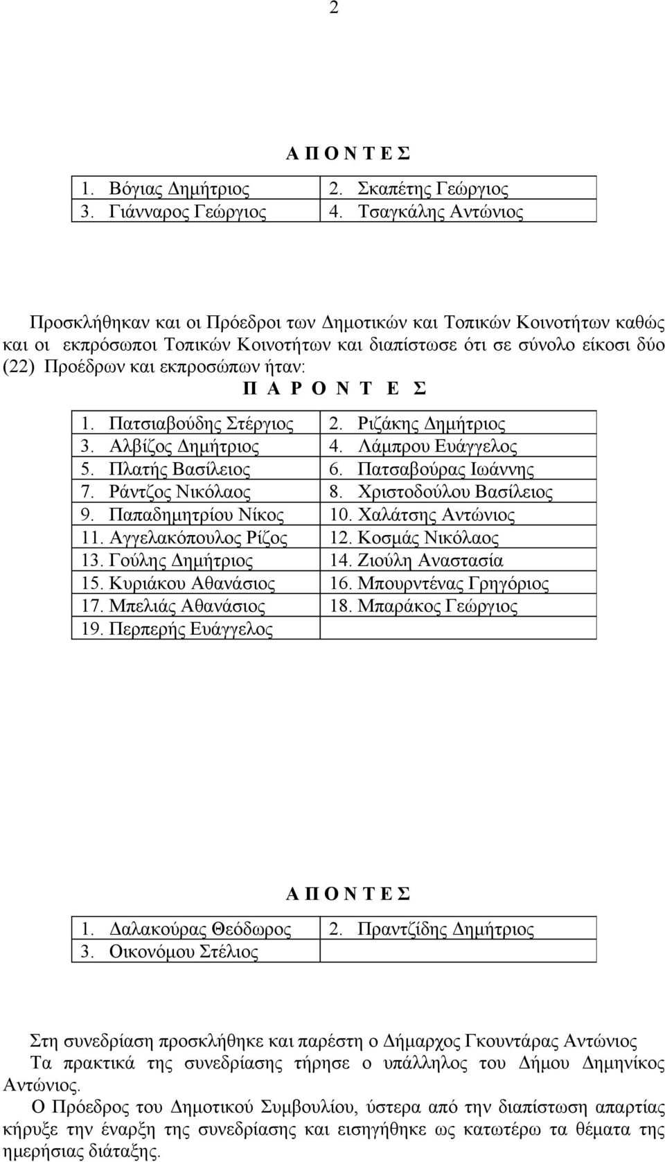 ήταν: Π Α Ρ Ο Ν Τ Ε Σ 1. Πατσιαβούδης Στέργιος 2. Ριζάκης Δημήτριος 3. Αλβίζος Δημήτριος 4. Λάμπρου Ευάγγελος 5. Πλατής Βασίλειος 6. Πατσαβούρας Ιωάννης 7. Ράντζος Νικόλαος 8.