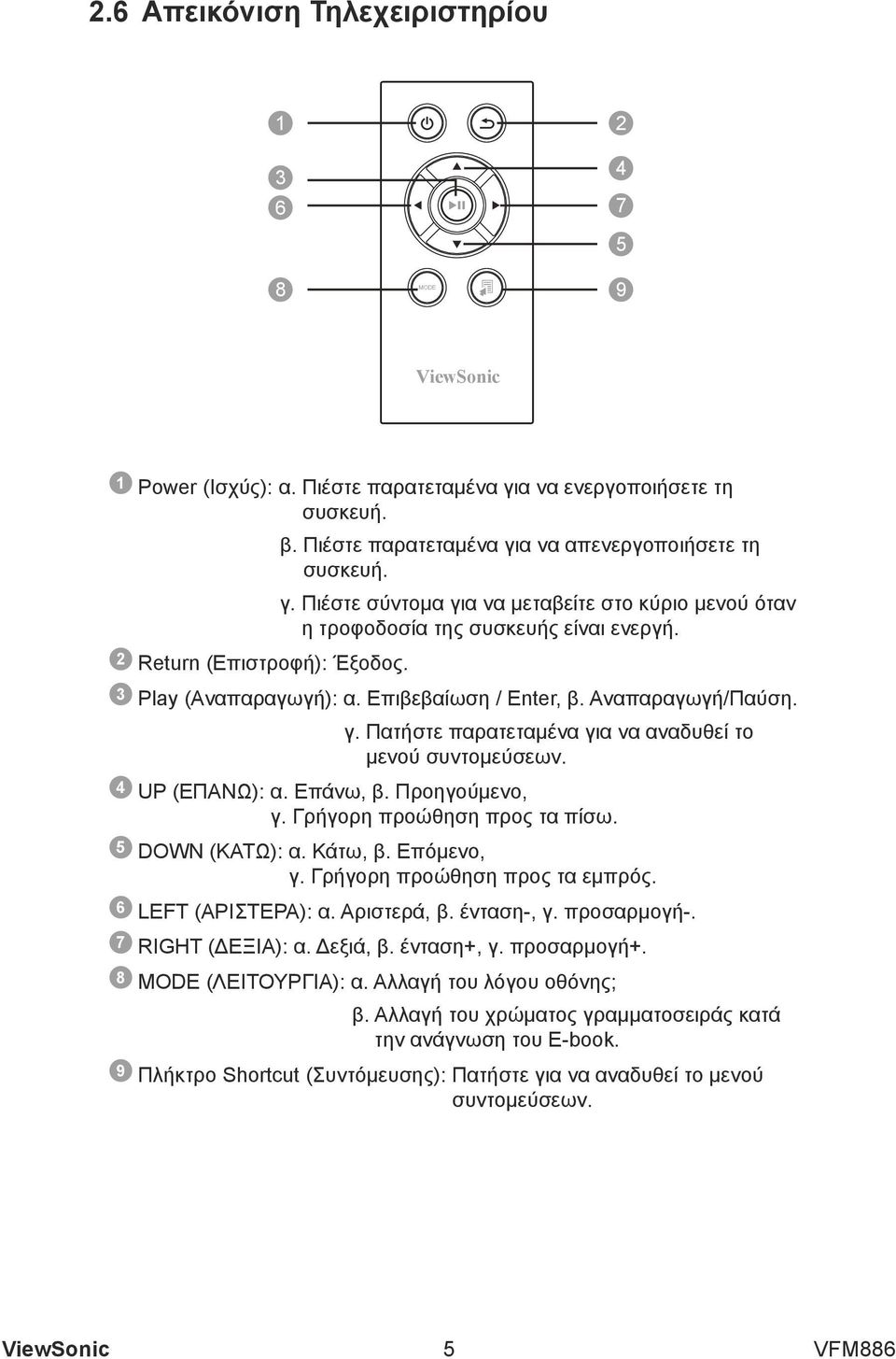 Προηγούμενο, γ. Γρήγορη προώθηση προς τα πίσω. 5 DOWN (ΚΑΤΩ): α. Κάτω, β. Επόμενο, γ. Γρήγορη προώθηση προς τα εμπρός. 6 LEFT (ΑΡΙΣΤΕΡΑ): α. Αριστερά, β. ένταση-, γ. προσαρμογή-. 7 RIGHT (ΔΕΞΙΑ): α.