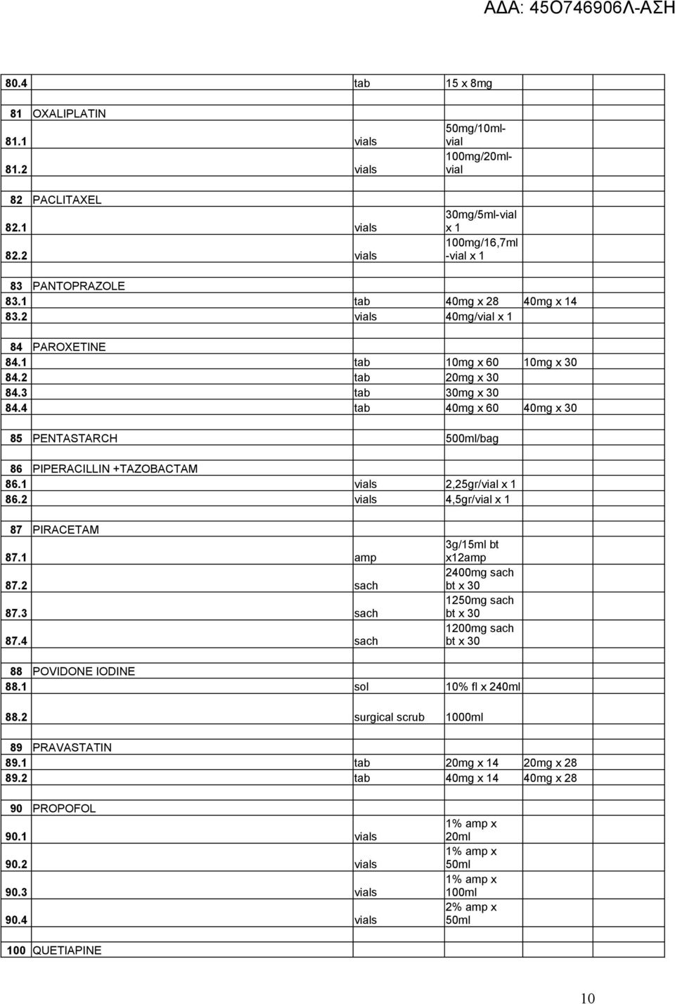 vials 2,25gr/vial 86.2 vials 4,5gr/vial 87 PIRACETAM 87. amp 87.2 sach 87.3 sach 87.4 sach 3g/5ml bt x2amp 2400mg sach bt x 30 250mg sach bt x 30 200mg sach bt x 30 88 POVIDONE IODINE 88.