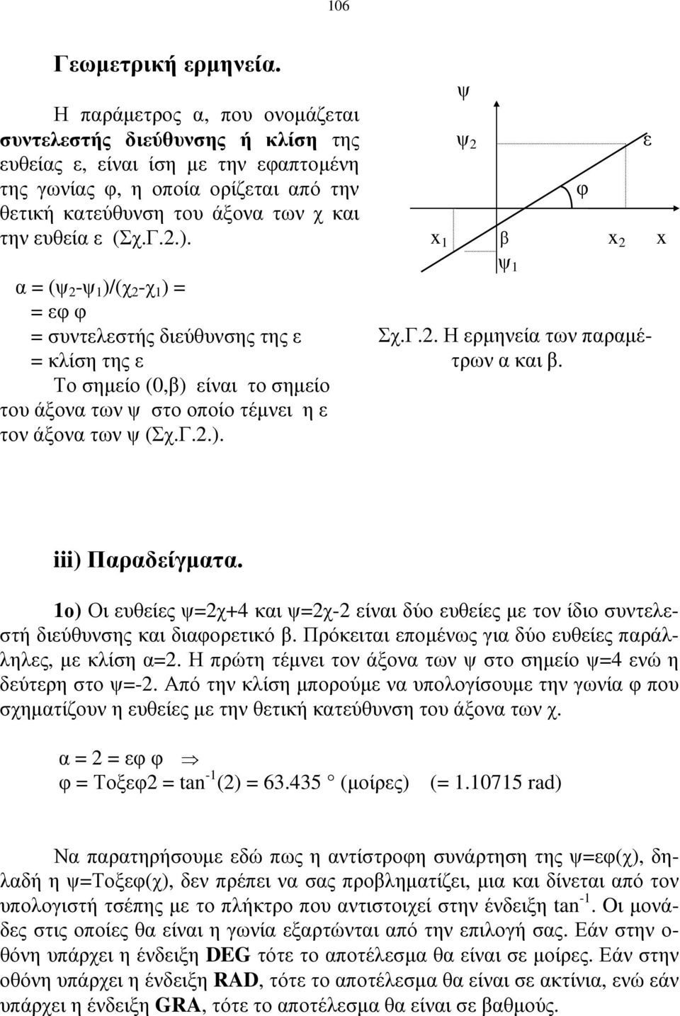 Γ..). α = (ψ -ψ )/(χ -χ ) = = εφ φ = συντελεστής διεύθυνσης της ε = κλίση της ε Το σηµείο (0,β) είναι το σηµείο του άξονα των ψ στο οποίο τέµνει η ε τον άξονα των ψ (Σχ.Γ..). ψ ψ φ x β x x ψ Σχ.Γ.. Η ερµηνεία των παραµέτρων α και β.