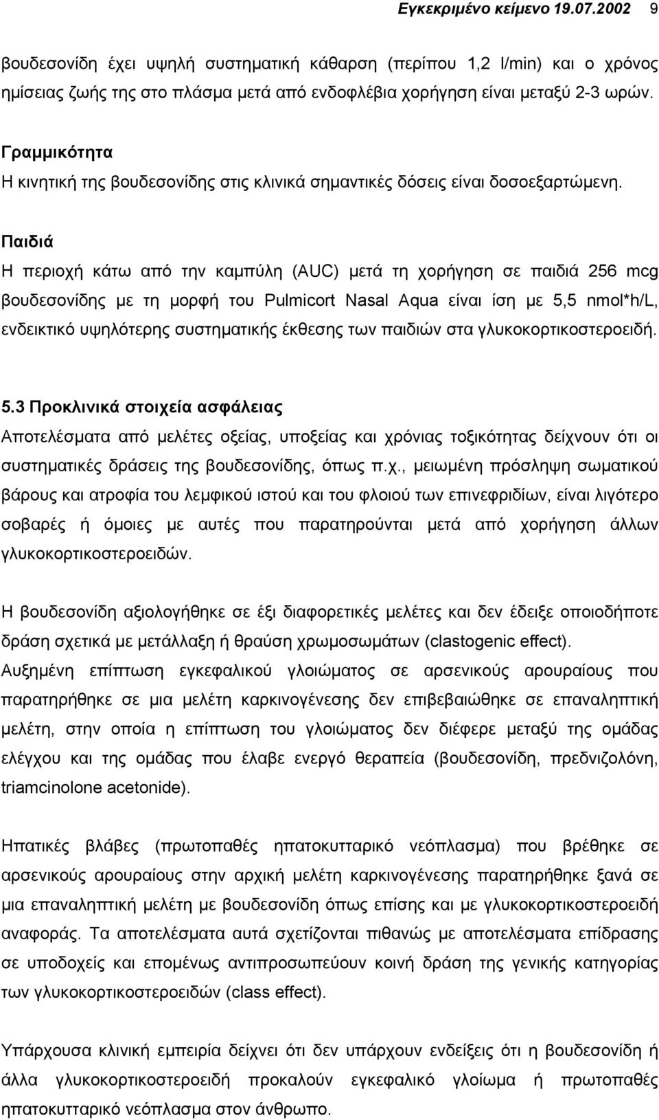 Παιδιά Η περιοχή κάτω από την καµπύλη (AUC) µετά τη χορήγηση σε παιδιά 256 mcg βουδεσονίδης µε τη µορφή του Pulmicort Nasal Aqua είναι ίση µε 5,5 nmol*h/l, ενδεικτικό υψηλότερης συστηµατικής έκθεσης