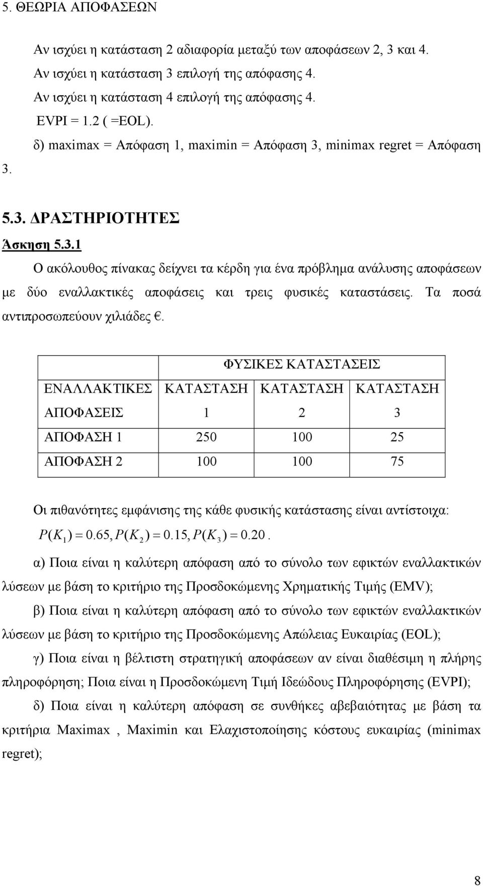 Τα ποσά αντιπροσωπεύουν χιλιάδες. ΦΥΣΙΚΕΣ ΚΑΤΑΣΤΑΣΕΙΣ ΕΝΑΛΛΑΚΤΙΚΕΣ ΑΠΟΦΑΣΕΙΣ 3 ΑΠΟΦΑΣΗ 50 00 5 ΑΠΟΦΑΣΗ 00 00 75 Οι πιθανότητες εμφάνισης της κάθε φυσικής κατάστασης είναι αντίστοιχα: PK ( ) = 0.