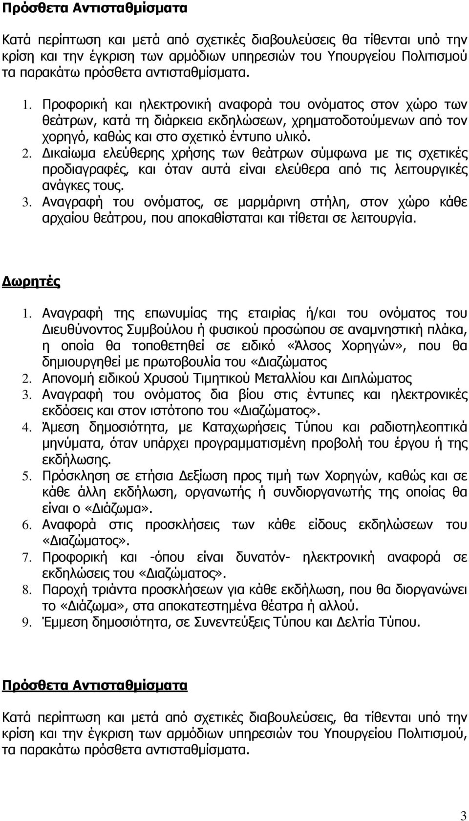 Δικαίωμα ελεύθερης χρήσης των θεάτρων σύμφωνα με τις σχετικές προδιαγραφές, και όταν αυτά είναι ελεύθερα από τις λειτουργικές ανάγκες τους. 3.