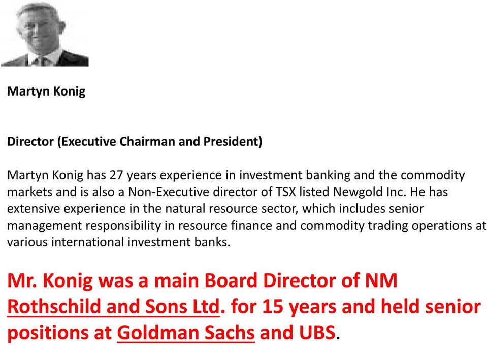 He has extensive experience in the natural resource sector, which includes senior management responsibility in resource finance and