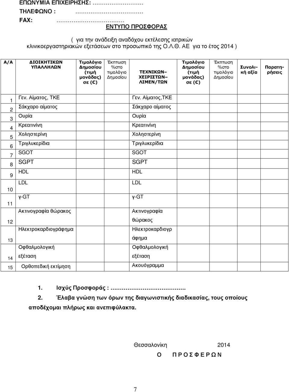 Παρατηρήσεις 1 2 3 4 5 6 7 8 Γεν. Αίµατος, ΤΚΕ Σάκχαρο αίµατος Ουρία Κρεατινίνη Χοληστερίνη Τριγλυκερίδια SGOT SGPT Γεν.