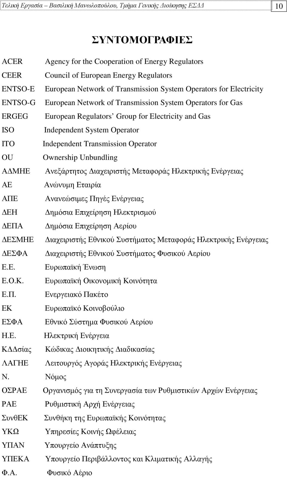 System Operator ITO Independent Transmission Operator OU Ownership Unbundling Α ΜΗΕ Ανεξάρτητος ιαχειριστής Μεταφοράς Ηλεκτρικής Ενέργειας ΑΕ Ανώνυµη Εταιρία ΑΠΕ Ανανεώσιµες Πηγές Ενέργειας ΕΗ ηµόσια