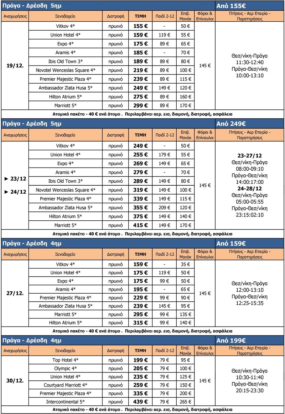 Από 155 11:30-12:40 10:00-13:10 Πράγα - Δρέσδη 5ημ 23/12 24/12 Vitkov 4* πρωινό 249-50 Union Hotel 4* πρωινό 255 179 55 Expo 4* πρωινό 269 149 65 Aramis 4* πρωινό 279-70 Ibis Old Town 3* πρωινό 289