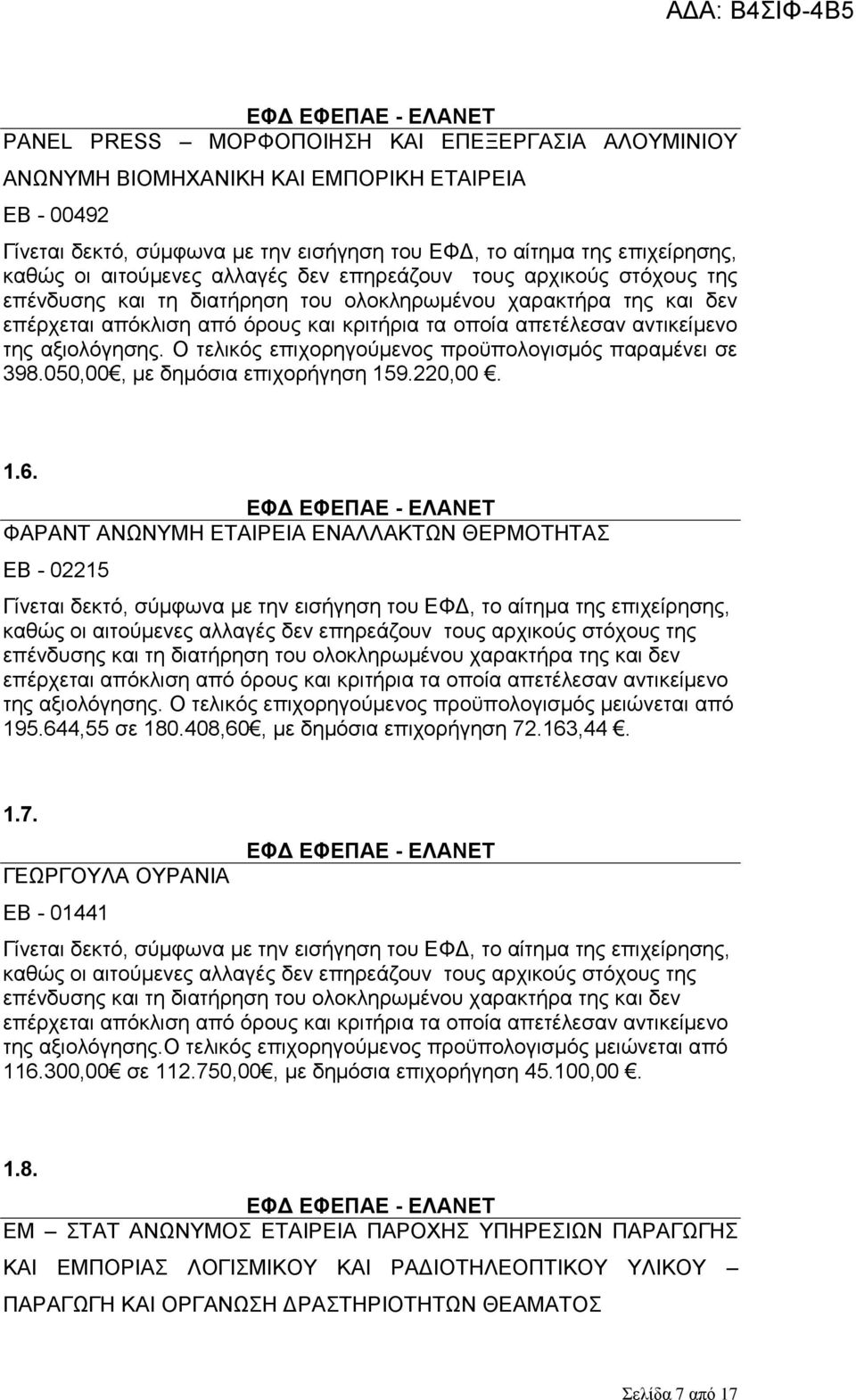 644,55 ζε 180.408,60, κε δεκφζηα επηρνξήγεζε 72.163,44. 1.7. ΓΔΩΡΓΟΤΛΑ ΟΤΡΑΝΗΑ ΔΒ - 01441 ηεο αμηνιφγεζεο.ο ηειηθφο επηρνξεγνχκελνο πξνυπνινγηζκφο κεηψλεηαη απφ 116.300,00 ζε 112.