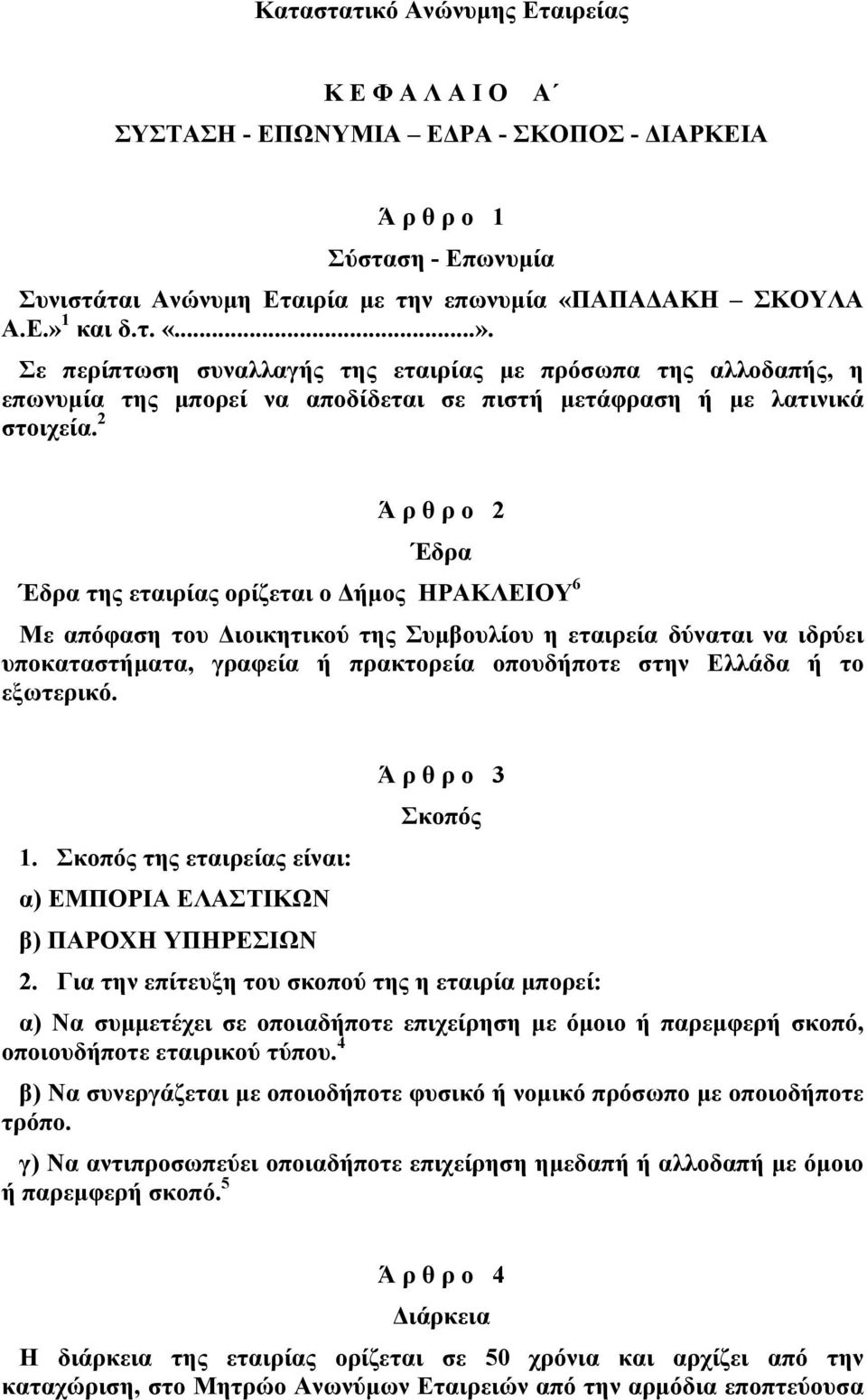 2 Ά ρ θ ρ ο 2 Έδρα Έδρα της εταιρίας ορίζεται ο Δήμος ΗΡΑΚΛΕΙΟΥ 6 Με απόφαση του Διοικητικού της Συμβουλίου η εταιρεία δύναται να ιδρύει υποκαταστήματα, γραφεία ή πρακτορεία οπουδήποτε στην Ελλάδα ή