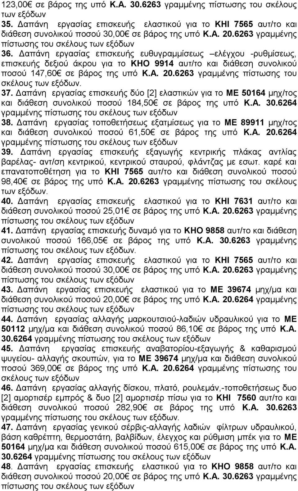 6263 γραμμένης πίστωσης του 37. Δαπάνη εργασίας επισκευής δύο [2] ελαστικών για το ΜΕ 50164 μηχ/τος και διάθεση συνολικού ποσού 184,50 σε βάρος της υπό Κ.Α. 30.6264 γραμμένης 38.