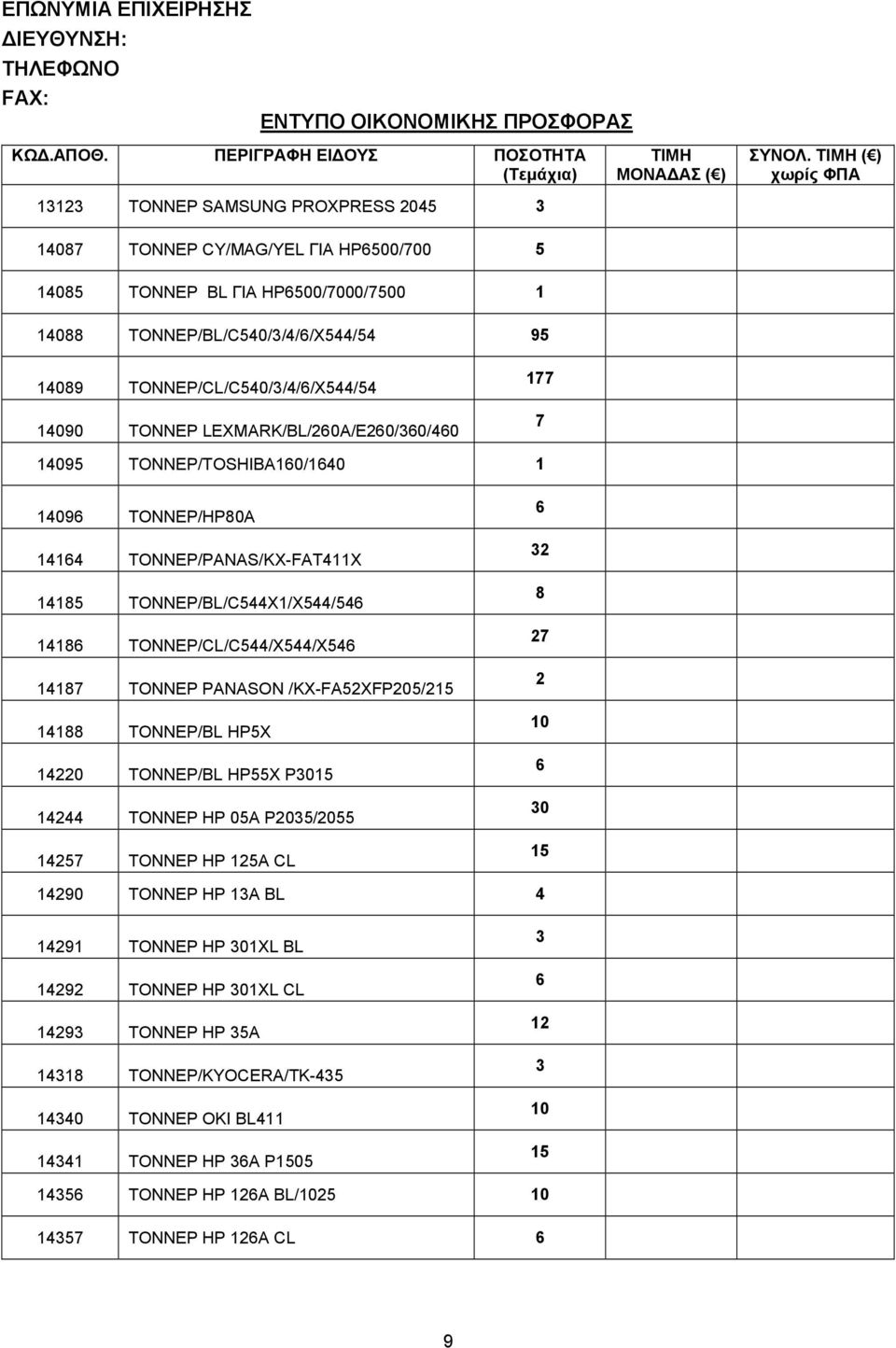 LEXMARK/BL/0Α/Ε0/0/40 177 7 14095 ΤΟΝΝΕΡ/TOSHIBA10/140 1 1409 ΤΟΝΝΕΡ/HP80A 1414 ΤΟΝΝΕΡ/PANAS/KX-FAT411X 14185 ΤΟΝΝΕΡ/BL/C544X1/X544/54 1418 ΤΟΝΝΕΡ/CL/C544/X544/X54 14187 ΤΟΝΝΕΡ PANASON /KX-FA5ΧFP05/
