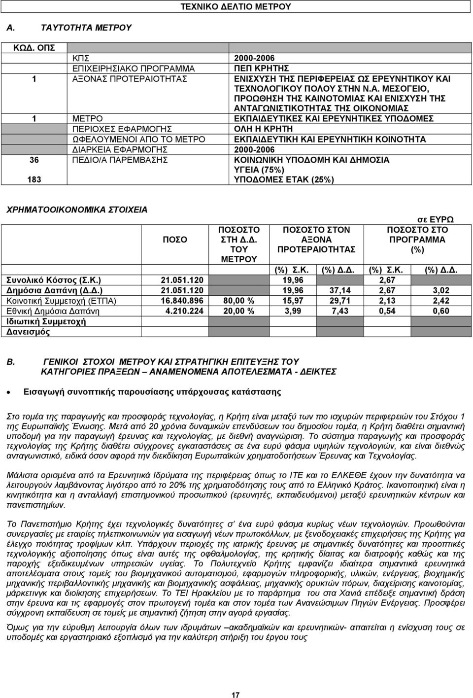 ΚΑΙΝΟΤΟΜΙΑΣ ΚΑΙ ΕΝΙΣΧΥΣΗ ΤΗΣ ΑΝΤΑΓΩΝΙΣΤΙΚΟΤΗΤΑΣ ΤΗΣ ΟΙΚΟΝΟΜΙΑΣ 1 ΜΕΤΡΟ ΕΚΠΑΙΔΕΥΤΙΚΕΣ ΚΑΙ ΕΡΕΥΝΗΤΙΚΕΣ ΥΠΟΔΟΜΕΣ ΠΕΡΙΟΧΕΣ ΕΦΑΡΜΟΓΗΣ ΟΛΗ Η ΚΡΗΤΗ ΩΦΕΛΟΥΜΕΝΟΙ ΑΠΟ ΤΟ ΜΕΤΡΟ ΕΚΠΑΙΔΕΥΤΙΚΗ ΚΑΙ ΕΡΕΥΝΗΤΙΚΗ