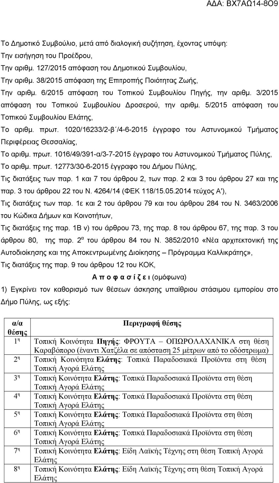 5/2015 απόφαση του Τοπικού Συμβουλίου, Το αριθμ. πρωτ. 1020/16233/2-β /4-6-2015 έγγραφο του Αστυνομικού Τμήματος Περιφέρειας Θεσσαλίας, Το αριθμ. πρωτ. 1016/49/391-α/3-7-2015 έγγραφο του Αστυνομικού Τμήματος Πύλης, Το αριθμ.