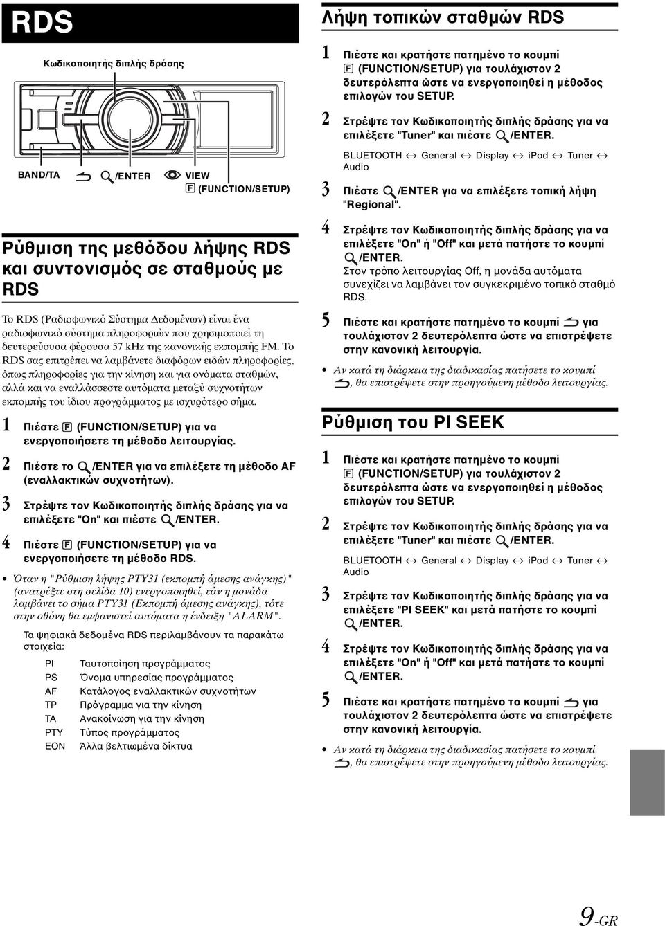 Το RDS σας επιτρέπει να λαμβάνετε διαφόρων ειδών πληροφορίες, όπως πληροφορίες για την κίνηση και για ονόματα σταθμών, αλλά και να εναλλάσσεστε αυτόματα μεταξύ συχνοτήτων εκπομπής του ίδιου