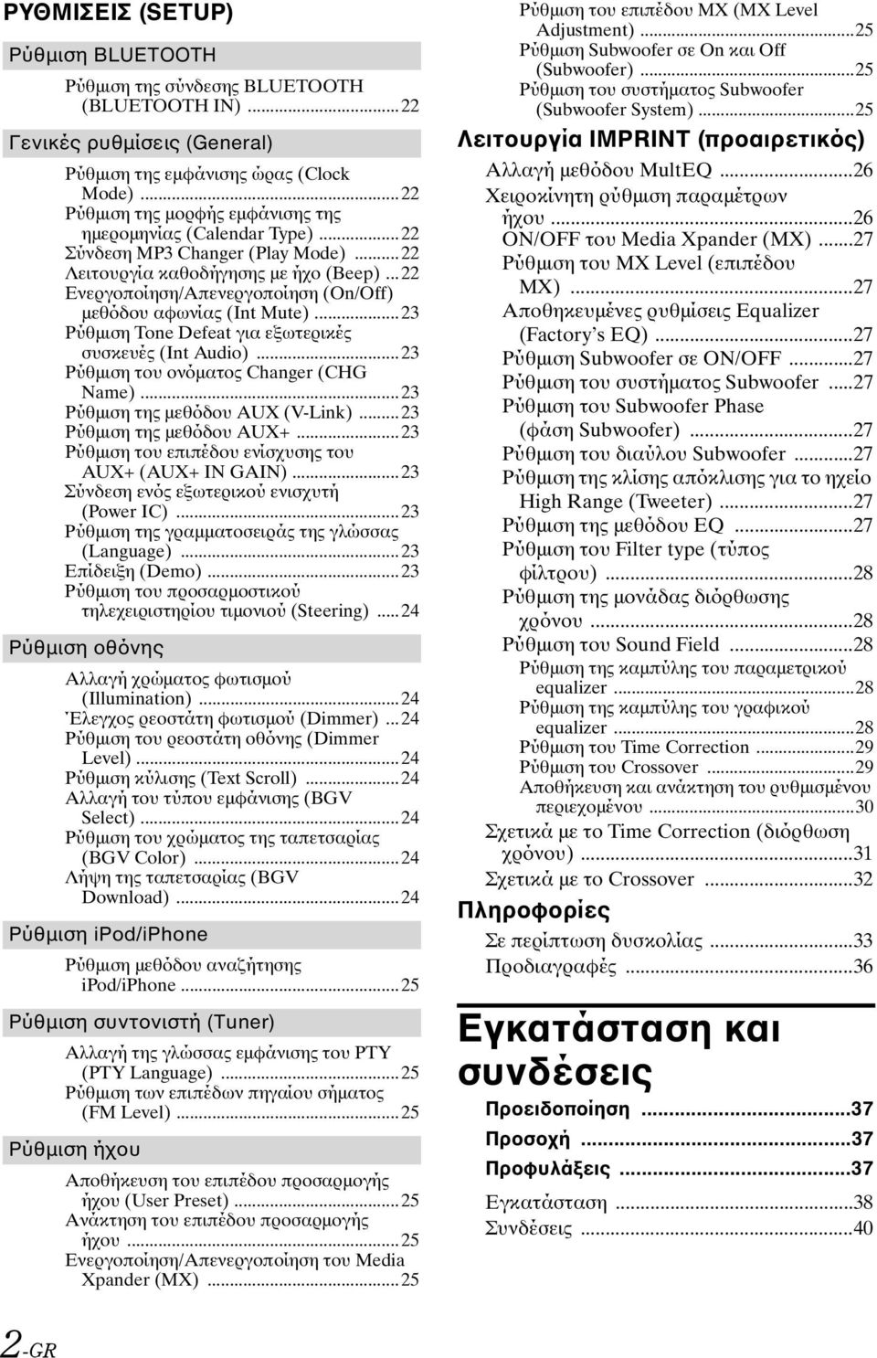 ..22 Ενεργοποίηση/Απενεργοποίηση (On/Off) μεθόδου αφωνίας (Int Mute)...23 Ρύθμιση Tone Defeat για εξωτερικές συσκευές (Int Audio)...23 Ρύθμιση του ονόματος Changer (CHG Name).