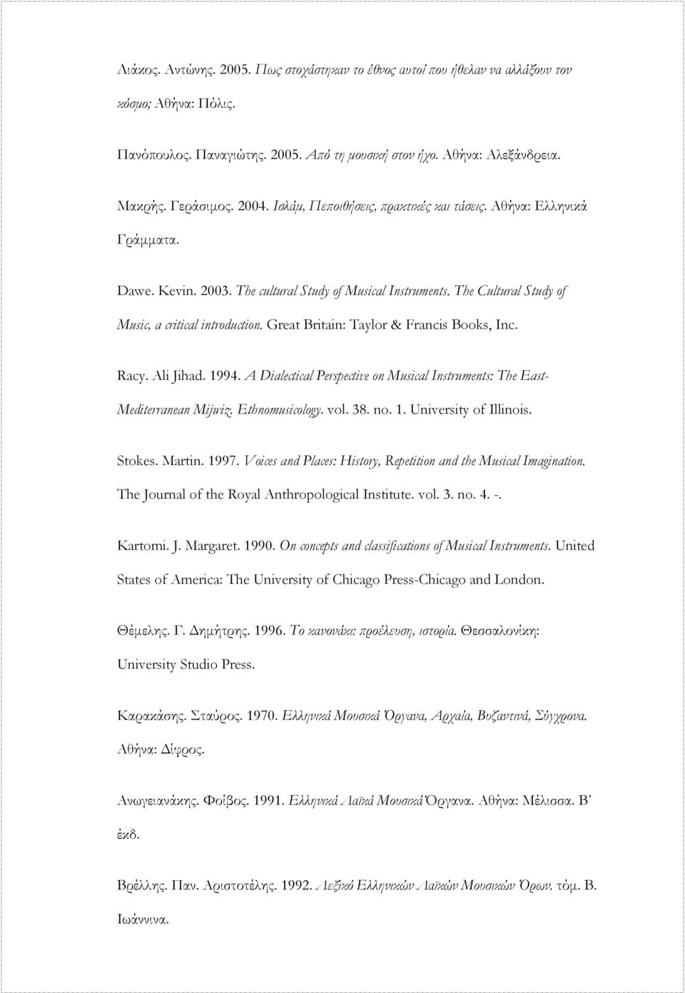 Great Britain: Taylor & Francis Books, Inc. Racy. Ali Jihad. 1994. A Dialectical Perspective on Musical Instruments: The East- Mediterranean Mijwiz. Ethnomusicology. vol. 38. no. 1. University of Illinois.