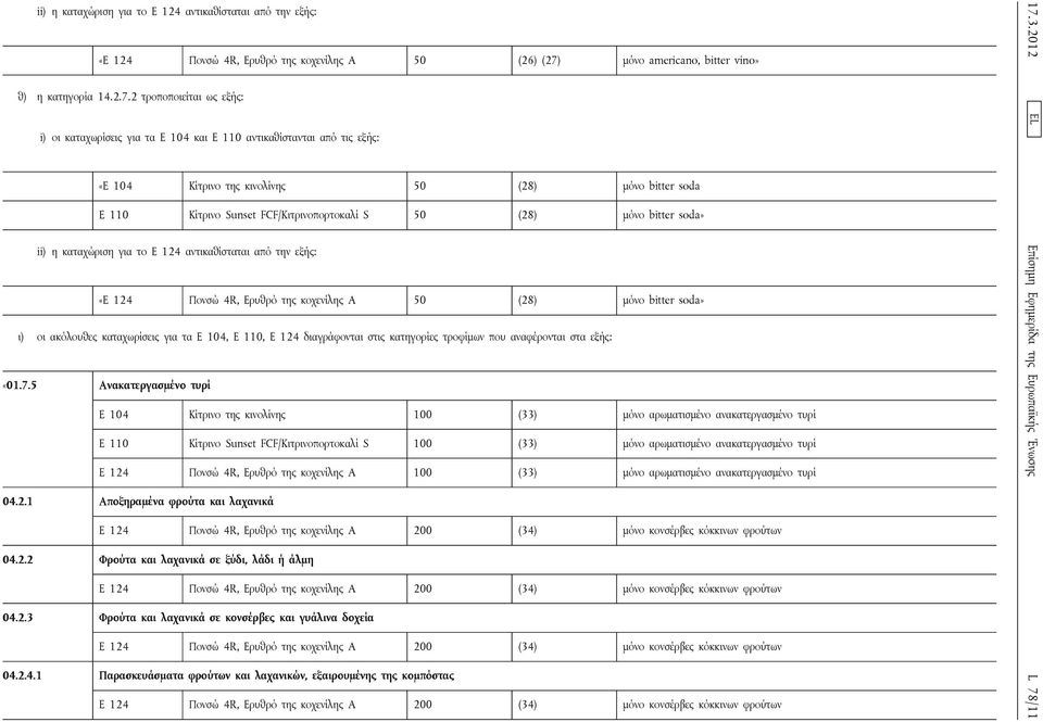 2 τροποποιείται ως εξής: i) οι καταχωρίσεις για τα Ε 104 και Ε 110 αντικαθίστανται από τις εξής: «E 104 Κίτρινο της κινολίνης 50 (28) μόνο bitter soda E 110 Κίτρινο Sunset FCF/Κιτρινοπορτοκαλί S 50
