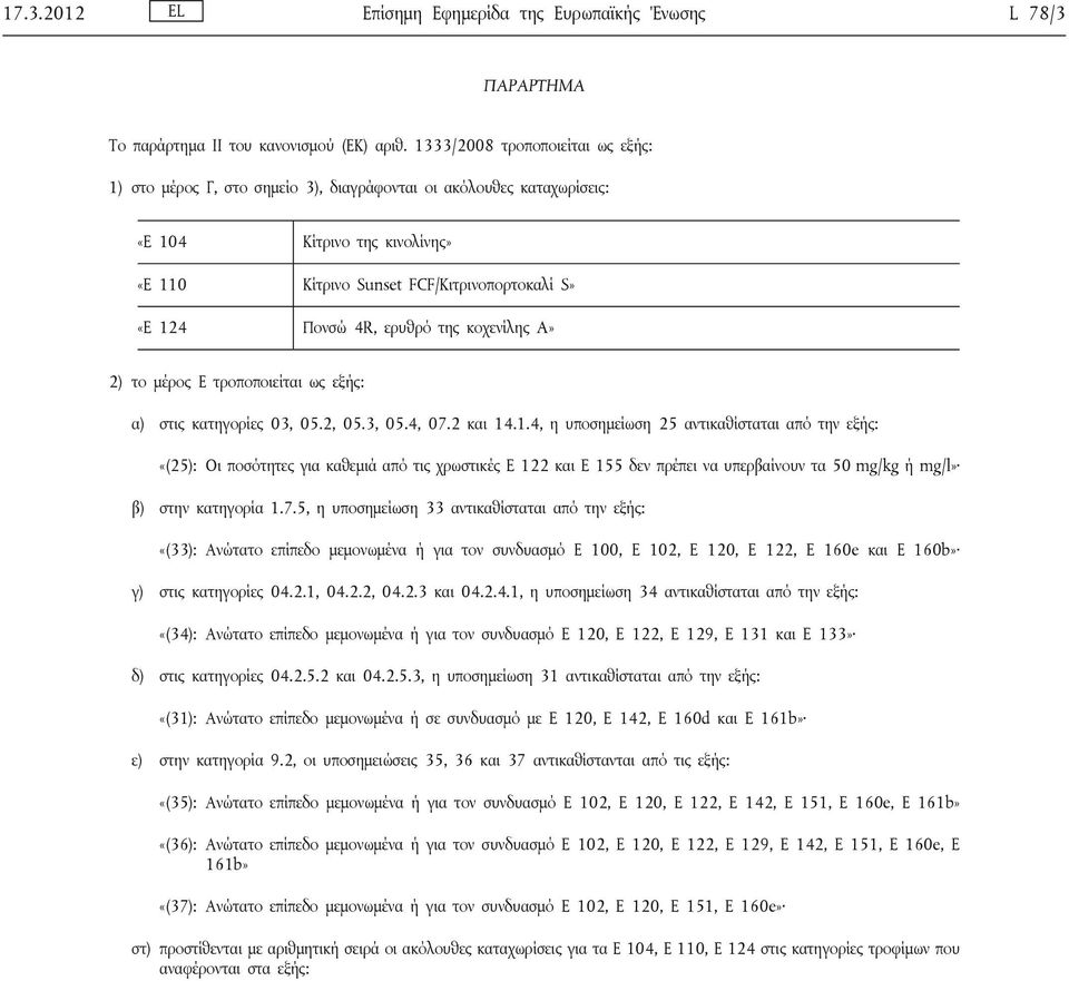 ερυθρό της κοχενίλης A» 2) το μέρος Ε τροποποιείται ως εξής: α) στις κατηγορίες 03, 05.2, 05.3, 05.4, 07.2 και 14