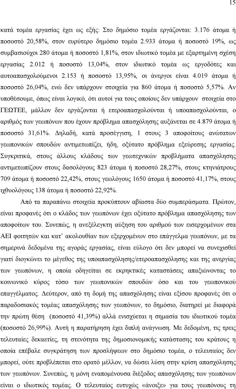 153 ή ποσοστό 13,95%, οι άνεργοι είναι 4.019 άτομα ή ποσοστό 26,04%, ενώ δεν υπάρχουν στοιχεία για 860 άτομα ή ποσοστό 5,57%.