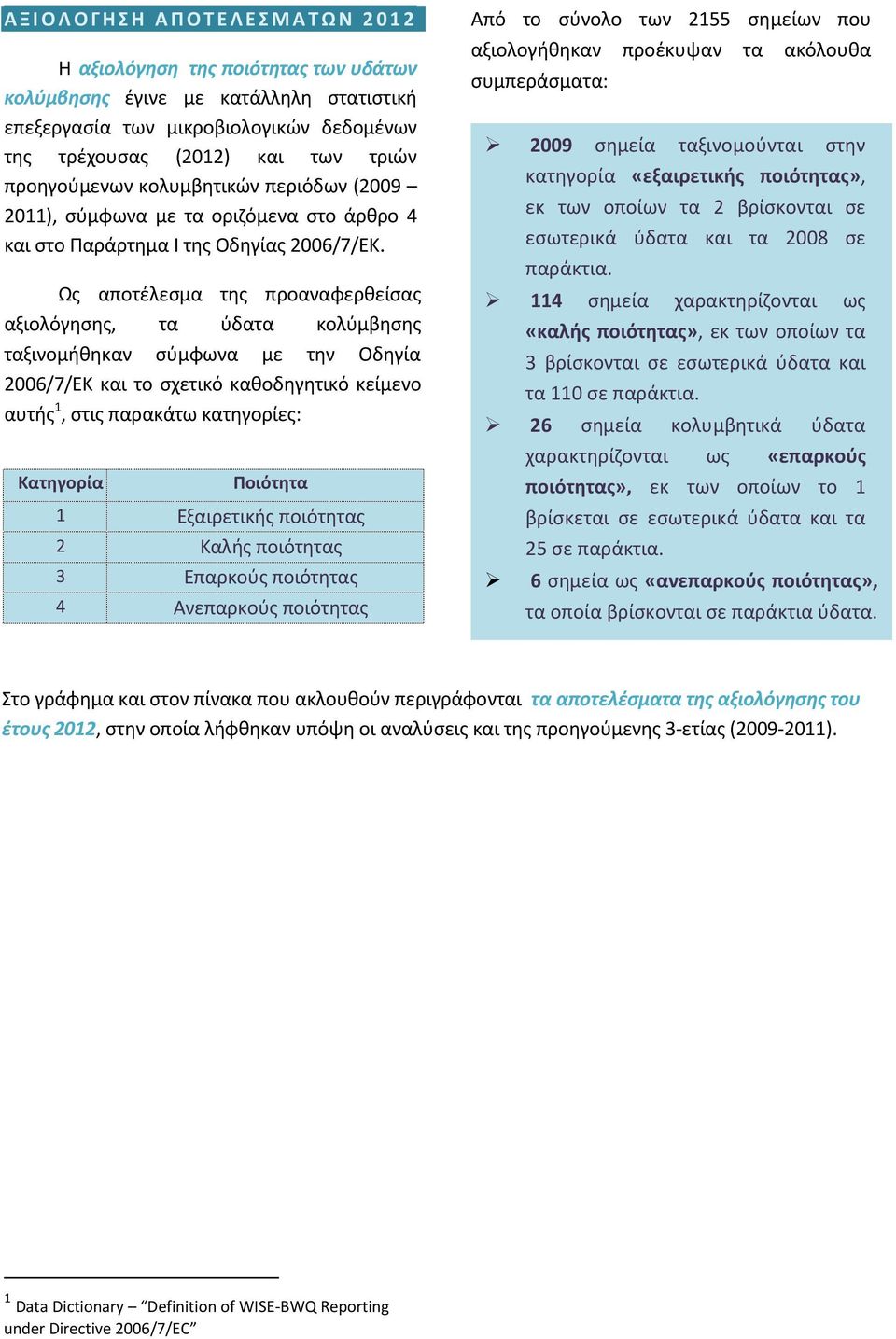 Ως αποτέλεσμα της προαναφερθείσας αξιολόγησης, τα ύδατα κολύμβησης ταξινομήθηκαν σύμφωνα με την Οδηγία 2006/7/ΕΚ και το σχετικό καθοδηγητικό κείμενο αυτής 1, στις παρακάτω κατηγορίες: Κατηγορία