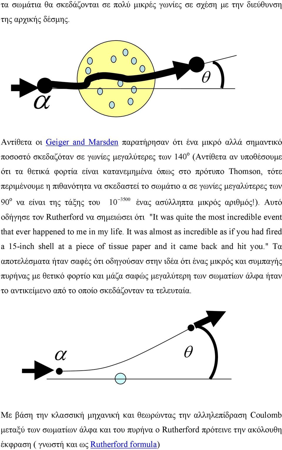 πρότυπο Thomson, τότε περιµένουµε η πιθανότητα να σκεδαστεί το σωµάτιο α σε γωνίες µεγαλύτερες των 90 ο να είναι της τάξης του 3500 10 ένας ασύλληπτα µικρός αριθµός!).