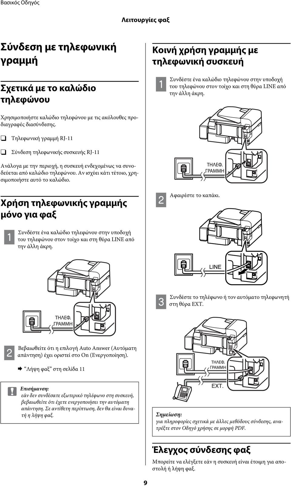 Τηλεφωνική γραμμή RJ-11 Σύνδεση τηλεφωνικής συσκευής RJ-11 Ανάλογα με την περιοχή, η συσκευή ενδεχομένως να συνοδεύεται από καλώδιο τηλεφώνου. Αν ισχύει κάτι τέτοιο, χρησιμοποιήστε αυτό το καλώδιο.