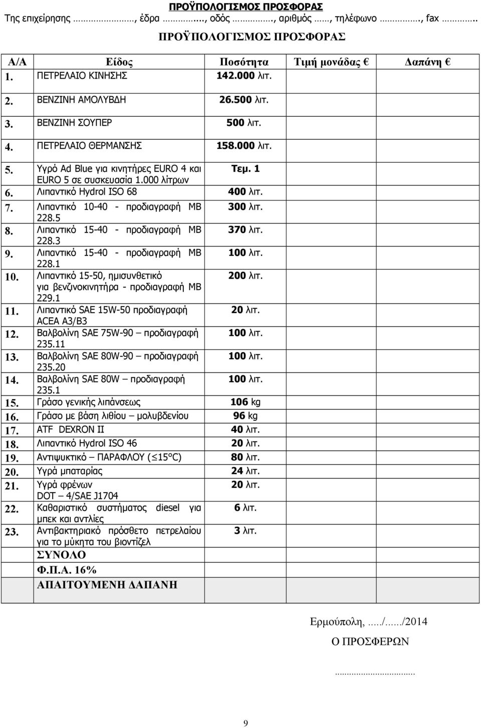 Λιπαντικό Hydrol ISO 68 400 λιτ. 7. Λιπαντικό 10-40 - προδιαγραφή ΜΒ 228.5 8. Λιπαντικό 15-40 - προδιαγραφή ΜΒ 228.3 9. Λιπαντικό 15-40 - προδιαγραφή ΜΒ 228.1 10.