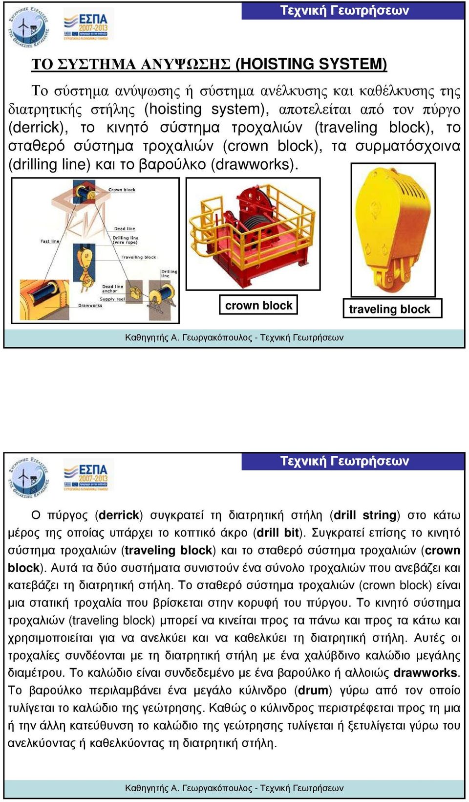 crown block traveling block Ο πύργος (derrick) συγκρατεί τη διατρητική στήλη (drill string) στο κάτω μέρος της οποίας υπάρχει το κοπτικό άκρο (drill bit).