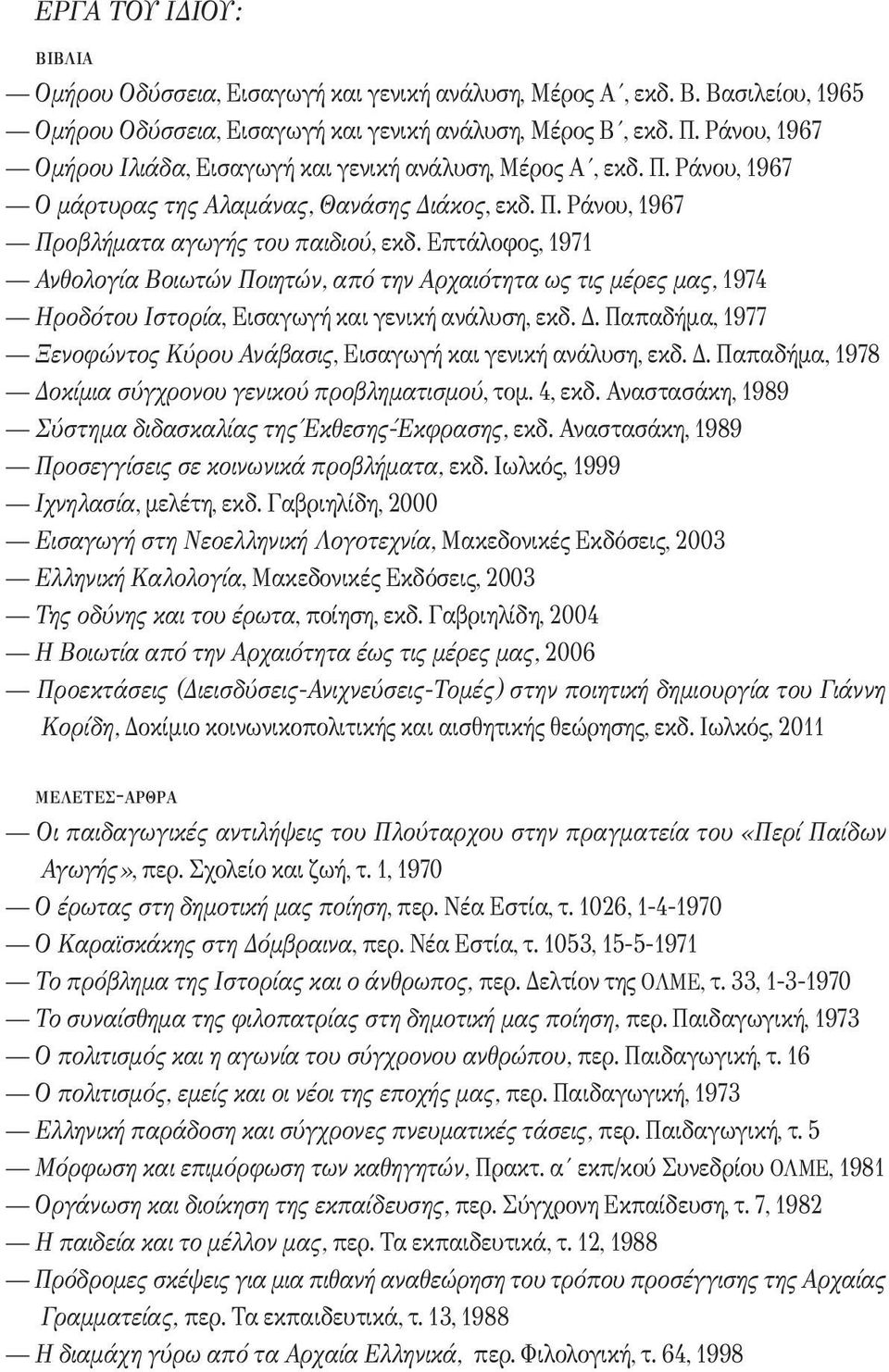 Επτάλοφος, 1971 Ανθολογία Βοιωτών Ποιητών, από την Αρχαιότητα ως τις μέρες μας, 1974 Ηροδότου Ιστορία, Εισαγωγή και γενική ανάλυση, εκδ. Δ.