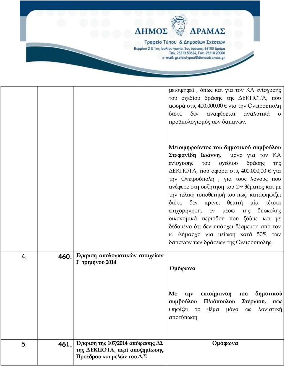 000,00 για την Ονειρούπολη, για τους λόγους που ανέφερε στη συζήτηση του 2 ου θέματος και με την τελική τοποθέτησή του πως, καταψηφίζει διότι, δεν κρίνει θεμιτή μία τέτοια επιχορήγηση, εν μέσω της