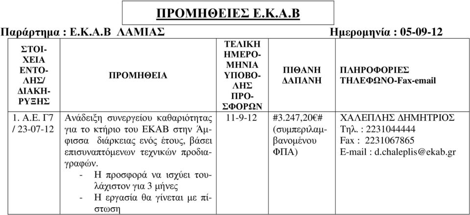 καθαριότητας για το κτήριο του ΕΚΑΒ στην Άµφισσα διάρκειας ενός έτους, βάσει επισυναπτόµενων τεχνικών προδιαγραφών.