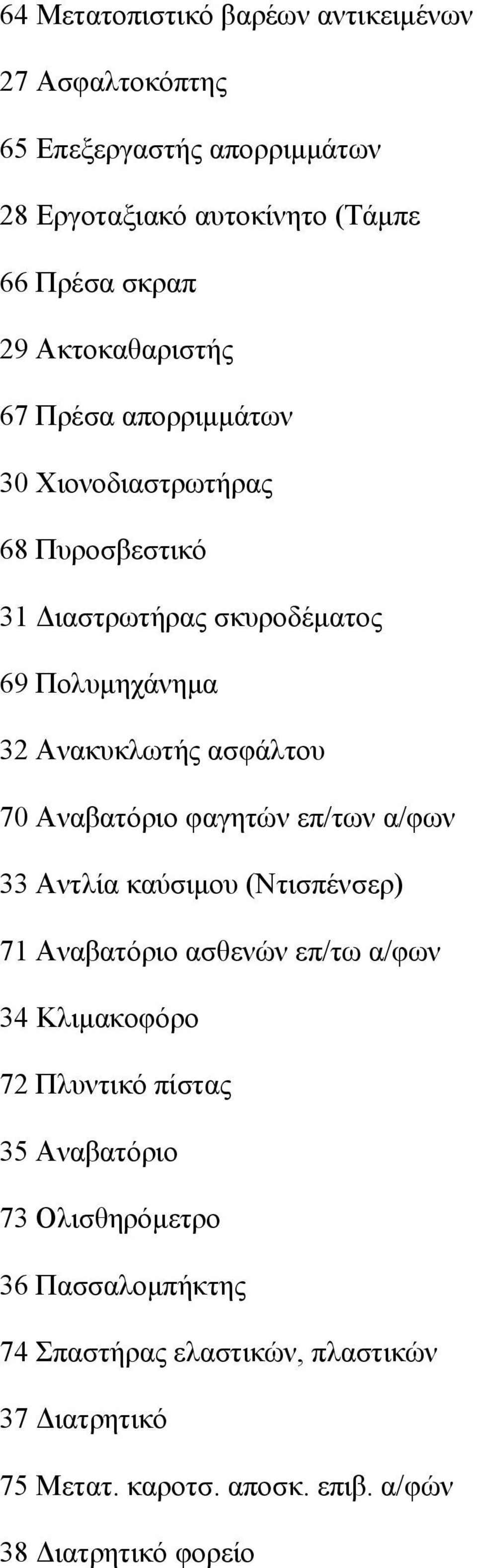 ασφάλτου 70 Αναβατόριο φαγητών επ/των α/φων 33 Αντλία καύσιµου (Ντισπένσερ) 71 Αναβατόριο ασθενών επ/τω α/φων 34 Κλιµακοφόρο 72 Πλυντικό