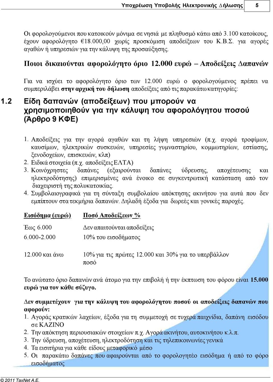 000 ευρώ ο φορολογούµενος πρέπει να συµπεριλάβει στην αρχική του δήλωση αποδείξεις από τις παρακάτω κατηγορίες: 1.