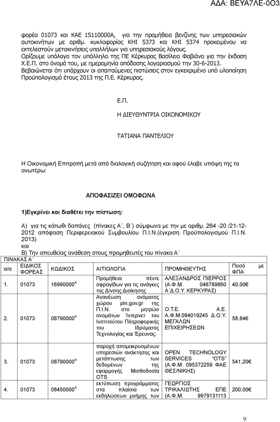 Κέρκυρας Βασίλειο Φαβιάνο για την έκδοση Χ.Ε.Π. στο όνομά του, με ημερομηνία απόδοσης λογαριασμού την 30-6-.