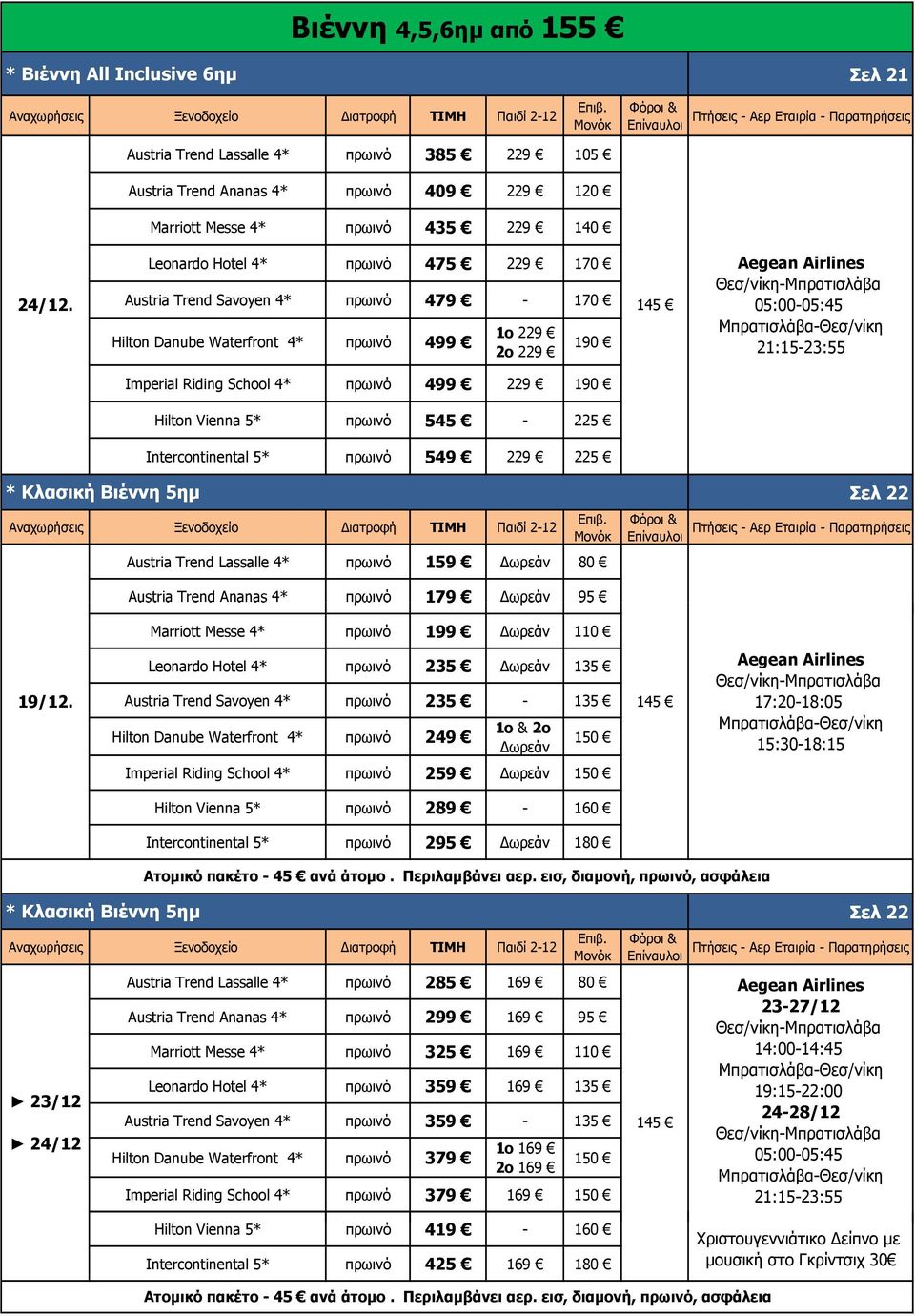 Austria Trend Savoyen 4* πρωινό 479-170 145 Hilton Danube Waterfront 4* πρωινό 499 1ο 229 2ο 229 190 05:00-05:45 21:15-23:55 Imperial Riding School 4* πρωινό 499 229 190 Hilton Vienna 5* πρωινό