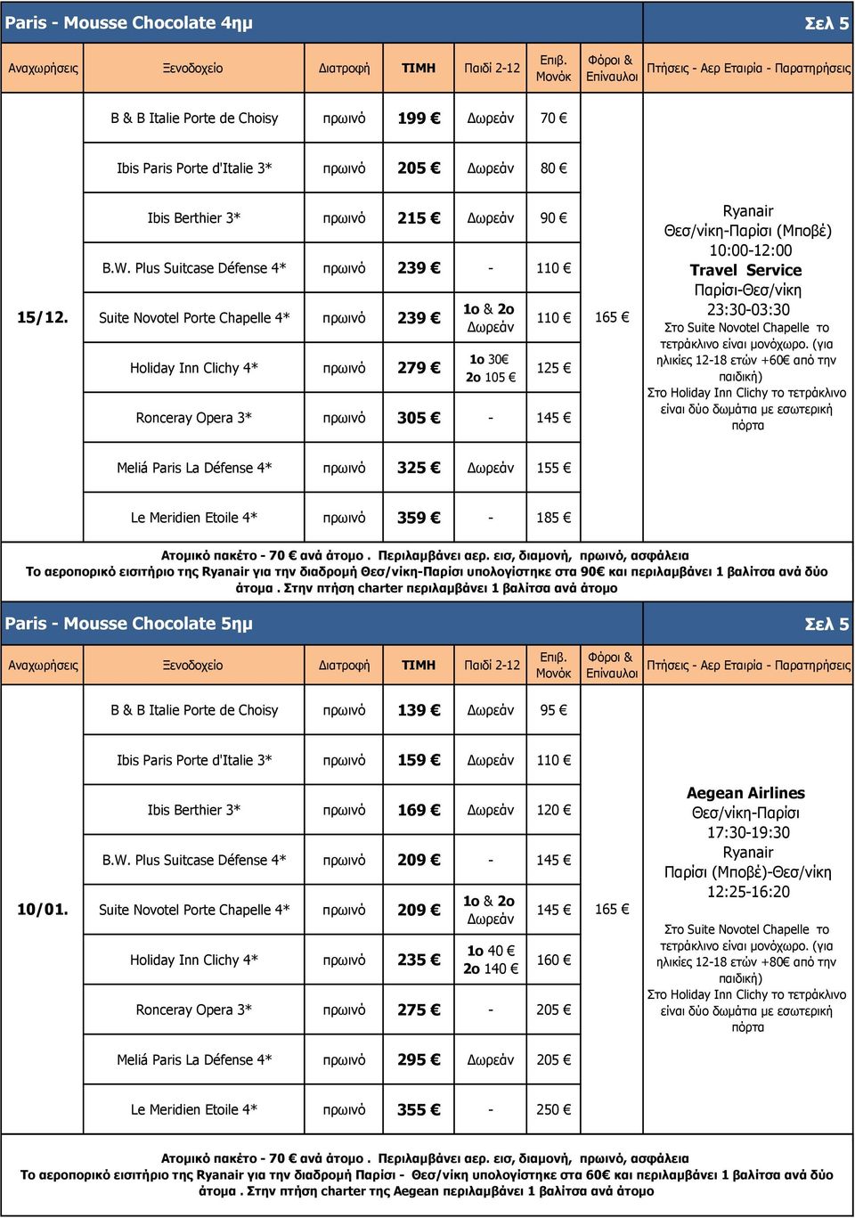 Θεσ/νίκη-Παρίσι (Μποβέ) 10:00-12:00 Travel Service Παρίσι-Θεσ/νίκη 23:30-03:30 Στο Suite Novotel Chapelle το τετράκλινο είναι μονόχωρο.