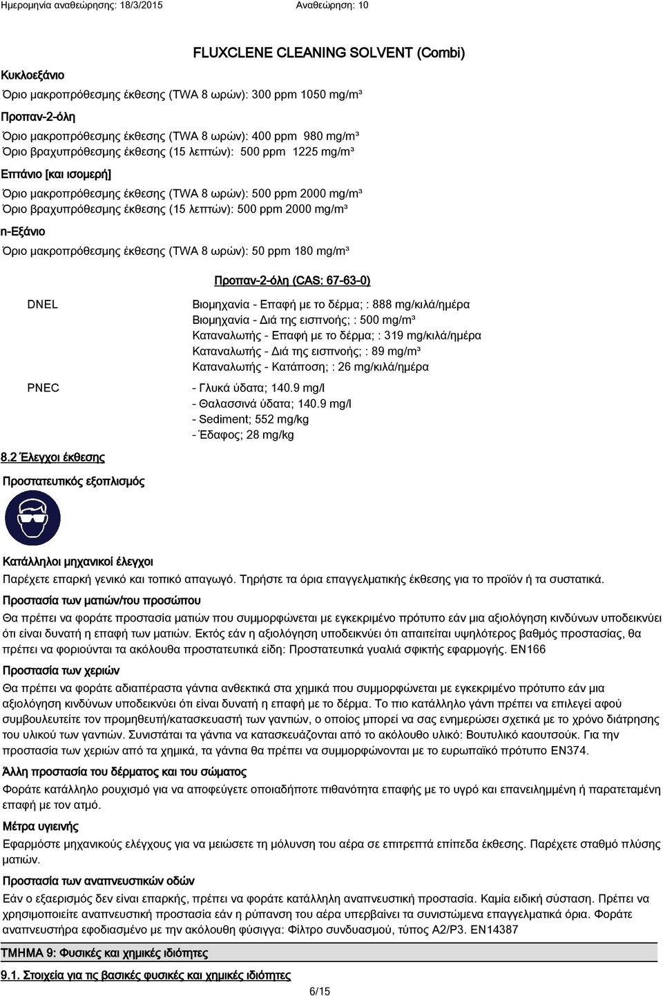 50 ppm 180 mg/m³ Προπαν-2-όλη (CAS: 67-63-0) DNEL PNEC Βιομηχανία - Επαφή με το δέρμα; : 888 mg/κιλά/ημέρα Βιομηχανία - Διά της εισπνοής; : 500 mg/m³ Καταναλωτής - Επαφή με το δέρμα; : 319