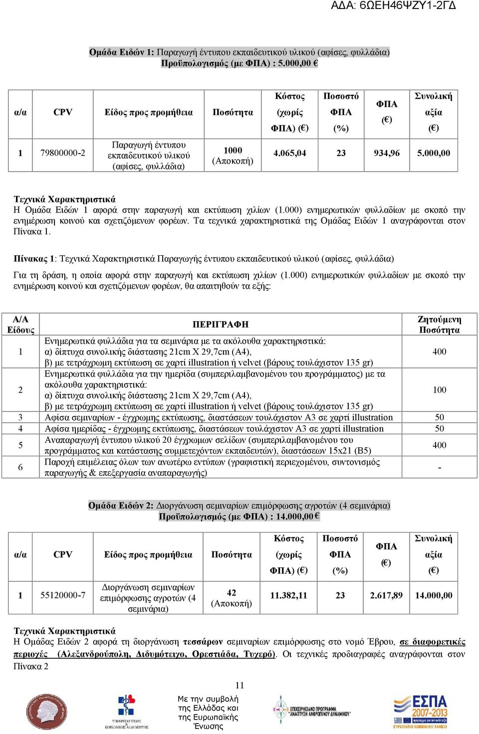 065,04 23 934,96 5.000,00 Τεχνικά Χαρακτηριστικά Η Ομάδα Ειδών αφορά στην παραγωγή και εκτύπωση χιλίων (.000) ενημερωτικών φυλλαδίων με σκοπό την ενημέρωση κοινού και σχετιζόμενων φορέων.