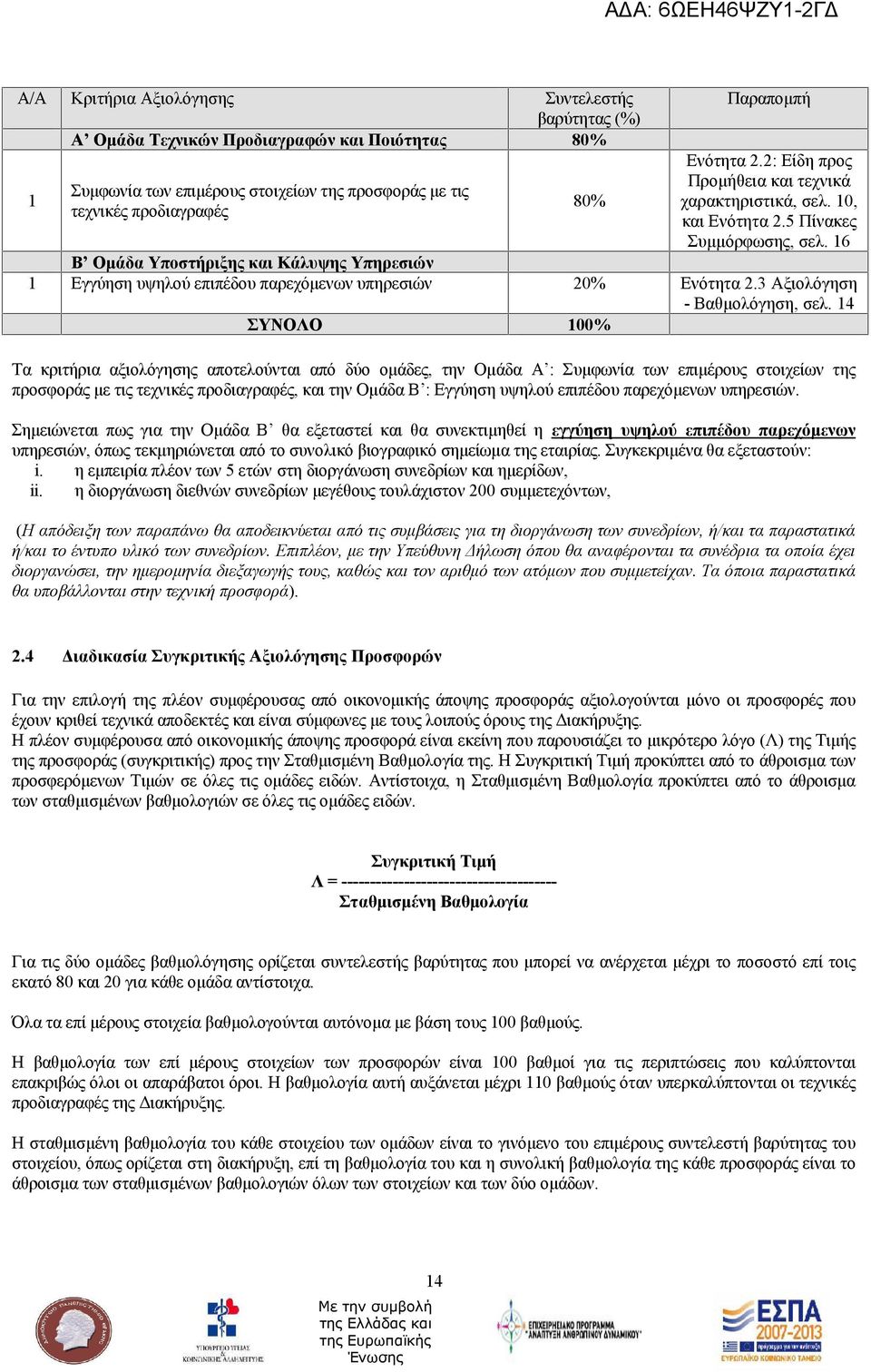 6 Β Ομάδα Υποστήριξης και Κάλυψης Υπηρεσιών Εγγύηση υψηλού επιπέδου παρεχόμενων υπηρεσιών 20% Ενότητα 2.3 Αξιολόγηση - Βαθμολόγηση, σελ.