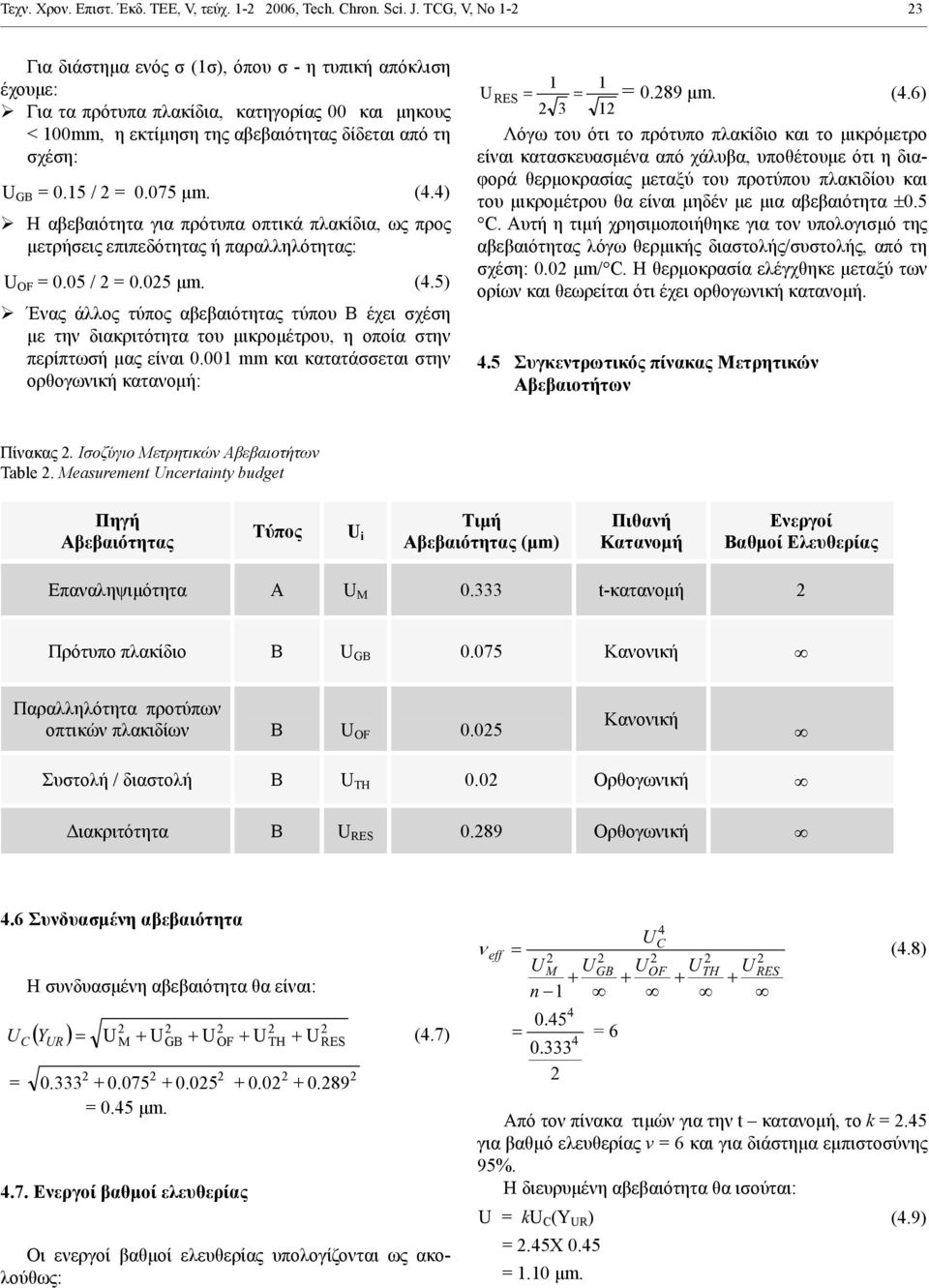 15 / = 0.075 m. (4.4) Η αβεβαιότητα για πρότυπα οπτικά πλακίδια, ως προς μετρήσεις επιπεδότητας ή παραλληλότητας: U OF = 0.05 / = 0.05 m. (4.5) Ένας άλλος τύπος αβεβαιότητας τύπου Β έχει σχέση με την διακριτότητα του μικρομέτρου, η οποία στην περίπτωσή μας είναι 0.